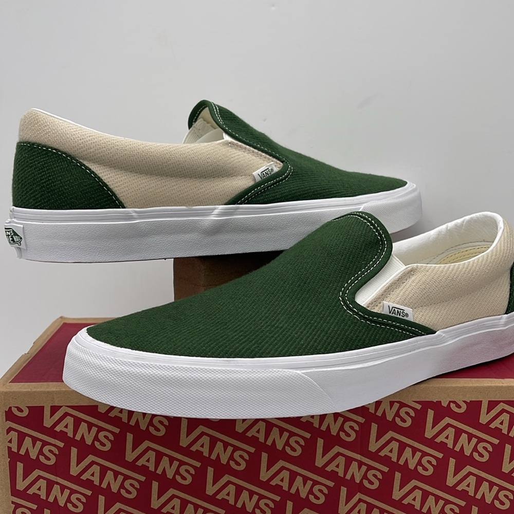Vans Men’s Green and Cream Slip-On Sneakers 
Twill Turtledove/Green VN0A5JLXCOB - Picture 9 of 16